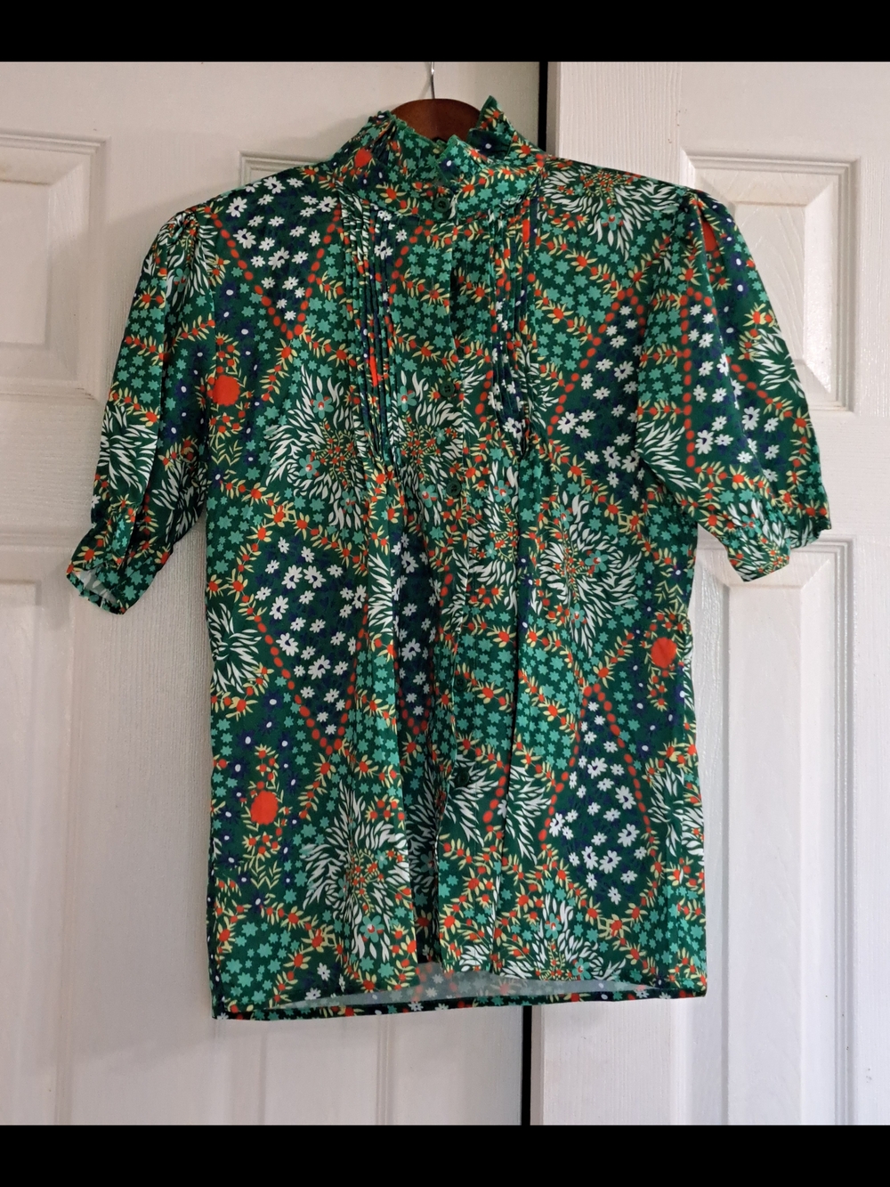 Green Floral Short-Sleeve Women’s Blouse with Ruffle High Neck & Sleeve